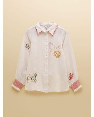 Joules Orla Embroidered Icons Pure Linen Long Sleeve Shirt - Natural