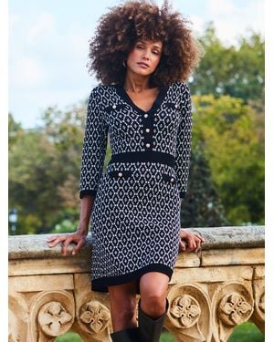 Sosandar Geometric Print Jacquard Knitted Dress With Button Pocket Detail - Black