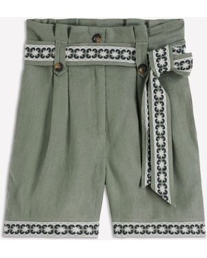 Boden Paperbag Linen Belted Shorts - Green