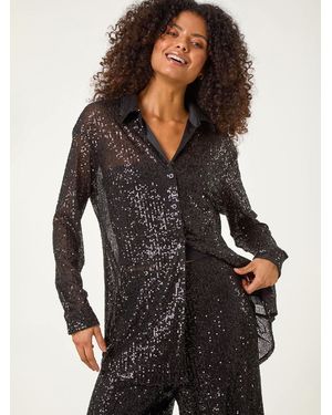 Roman Sequin Button Through Stretch Shirt - Black