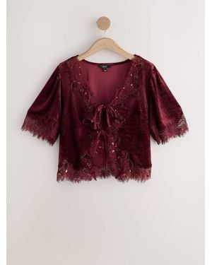 Next Berry Short Sleeved V-Neck Tie Front Top - Red