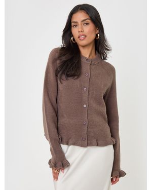 Threadbare Crew Neck Ruffle Cardigan - Brown