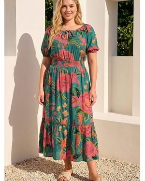 Roman Curve Floral Shirred Waist Midi Dress - Green