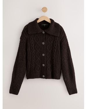 Next Wool Blend Cable Knit Collar Cardigan - Black