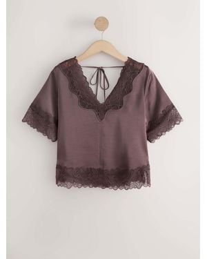 Next Chocolate Satin V-Neck Lace Trim Top - Brown