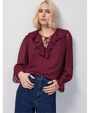 Ro & Zo Wine Dobby Ruffle Front Blouse - Red