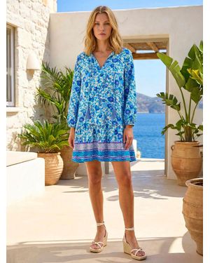 Roman Floral Print Border Smock Dress - Blue