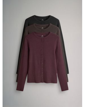 The Set 3 Pack Long Sleeve Button Through Rib T-Shirt/Chocolate/Berry - Purple