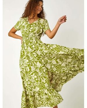 Roman Floral Print Button Detail Maxi Dress - Metallic