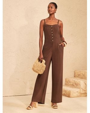 Love & Roses Chocolate Tailored Linen Look Jumpsuit With Starfish Buttons - Natural