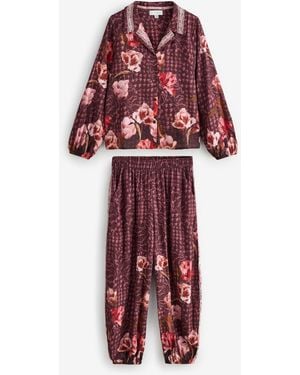 Ted Baker Chocolate Floral Viscose Nylon Button Thorugh Pyjamas Set With Lace Detail - Red