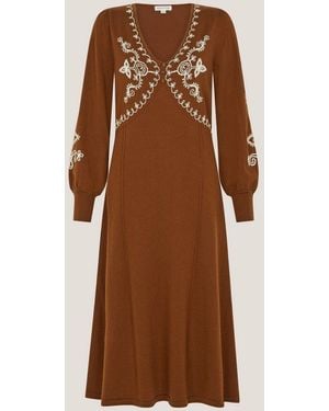 Monsoon Cleo V-Neck Embroidered Knit Midi Dress - Brown
