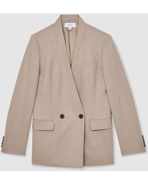 Reiss Juniper - Neutral Collarless Double-breasted Suit Blazer Wool-blend, Us 0 - Natural