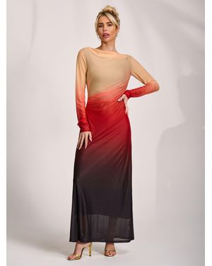Jolie Moi Ombre Long Sleeve Slash Neck Mesh Maxi Dress - Red