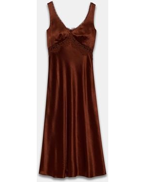 Mint Velvet Satin Lace Detail Midi Dress - Brown