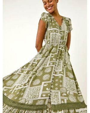 Roman Patchwork Lace Trim Maxi Dress - Green