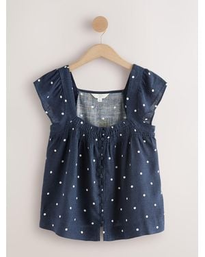 Next Flutter Sleeve Button Front Top With Linen - Blue