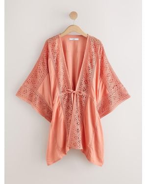 Next Apricot Linen Blend Tie Front Crochet Detail Kaftan Cover-Up - Orange