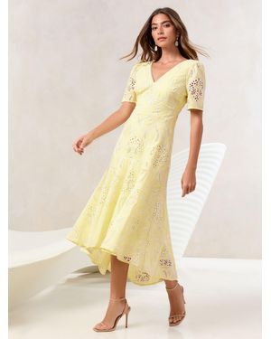 Lipsy Petite Premium Broderie Lace Short Sleeve V Neck High Low Midi Dres - Yellow