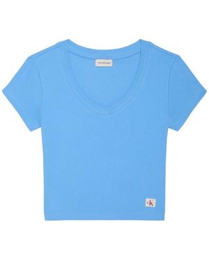 Calvin Klein Slim Ribbed Cotton V-Neck T-Shirt - Blue