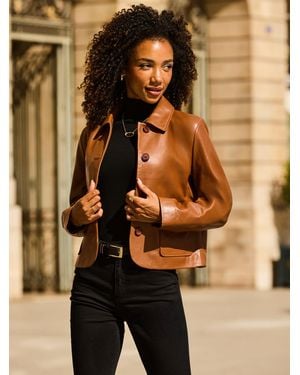Sosandar Leather Button Front Jacket - Brown