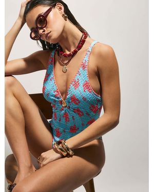 River Island Shirred Palm Print Swimsuit - Blue