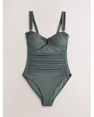 Next Khaki U Trim Gathered Bandeau Tummy Control Swimsuit - Green