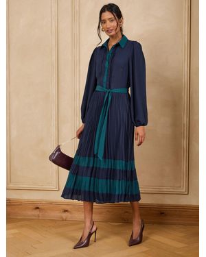 Love & Roses Colourblock Pleated Belted Midi Shirt Dress - Blau
