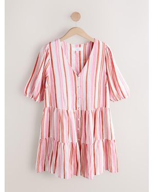 Next Washed Stripe Short Sleeve Button Through Tiered Mini Dress With Linen - Pink