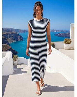 Roman Ribbed Stripe Cap Sleeve Midi Dress - Blue