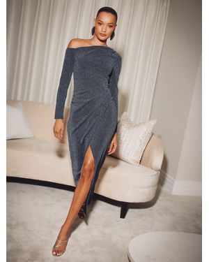 Lipsy Long Sleeve Off The Shoulder Gathered Waist Maxi Dress - Gray