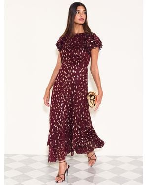 Friends Like These Berry Ruffle Short Sleeve Metallic Foil Midi Dress - Red