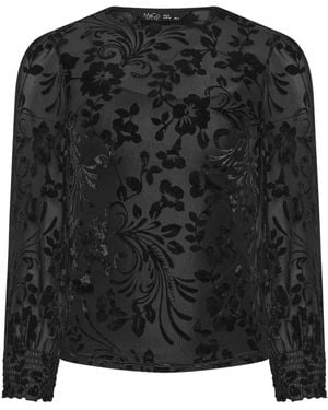 M Com Petite Baroque Devoré Long Sleeve Top - Black