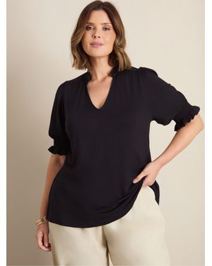 Live Unlimited Jersey Shirred Sleeve V-Neck Top - Black