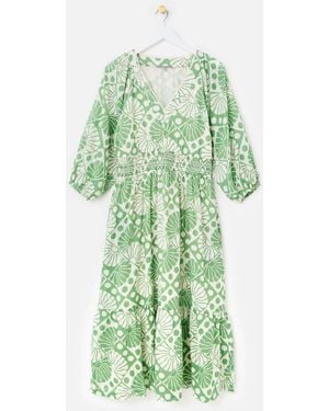 Oliver Bonas Sun Print V-Neck Tiered Midi Dress - Green
