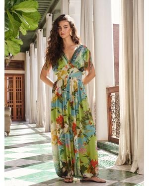Lipsy Petite Tropical Print V-Neck Draped Shoulder Balloon Leg Jumpsuit - Green