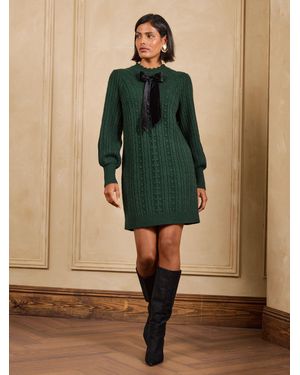 Love & Roses Forest High Neck Bow Detail Cable Knitted Sweater Dress - Green