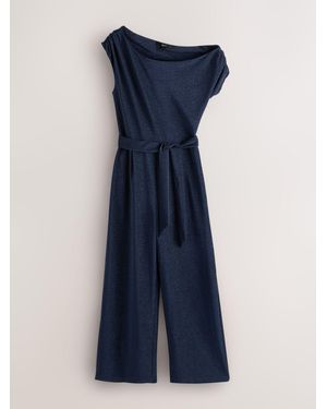 Next Off Shoulder Asymetric Tie Waist Sparkle Jersey Jumpsuit - Blue