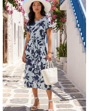 Roman Petite Floral Tie Front Stretch Midi Dress - Blue