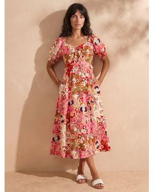 Roman Floral Print Tie Front Midi Dress - Red