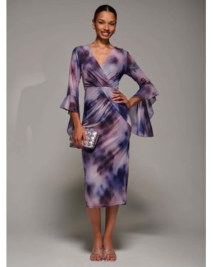 Jolie Moi Ruffle Sleeve Ruched Mesh Bodycon Dress - Purple
