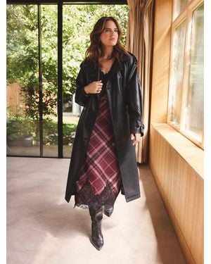 Love & Roses Petite Faux Leather Belted Trench Coat - Brown