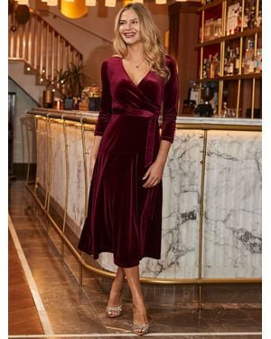 Sosandar Velvet Belted Fit & Flare Wrap Dress - Brown