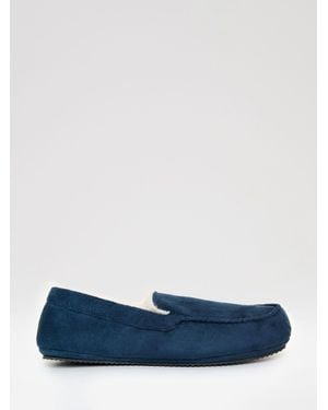 Threadbare Faux Suede Faux Fur Lined Moccasin Slippers - Blue