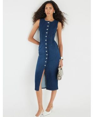 River Island Denim Button Front Midi Dress - Blue