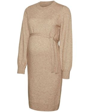 Mama.licious Maternity Long Sleeve Knitted Belted Dress - Natural