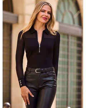 Sosandar Zip Front Mesh Panel Ponte Top - Black