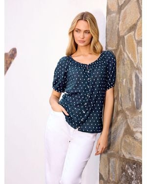 M Com Short Sleeve Button Dobby Boho Blouse - Blue