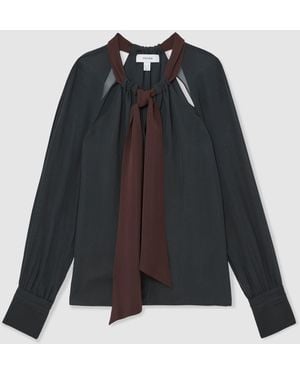 Reiss Jasmine Tie-Neck Cut-Out Blouse - Blue