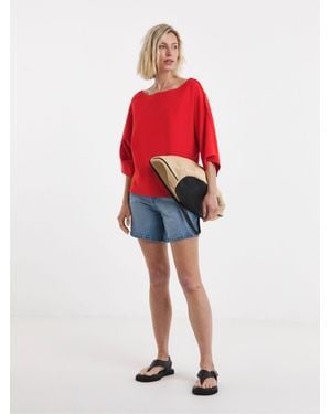 JD Williams Short Sleeve Boxy Rib Foldover Neck T-Shirt - Red